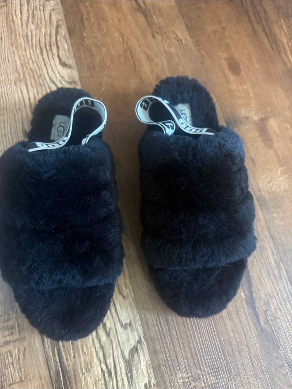 UGG Black Plush Shearling Slide Slippers with Branded Heel Strap